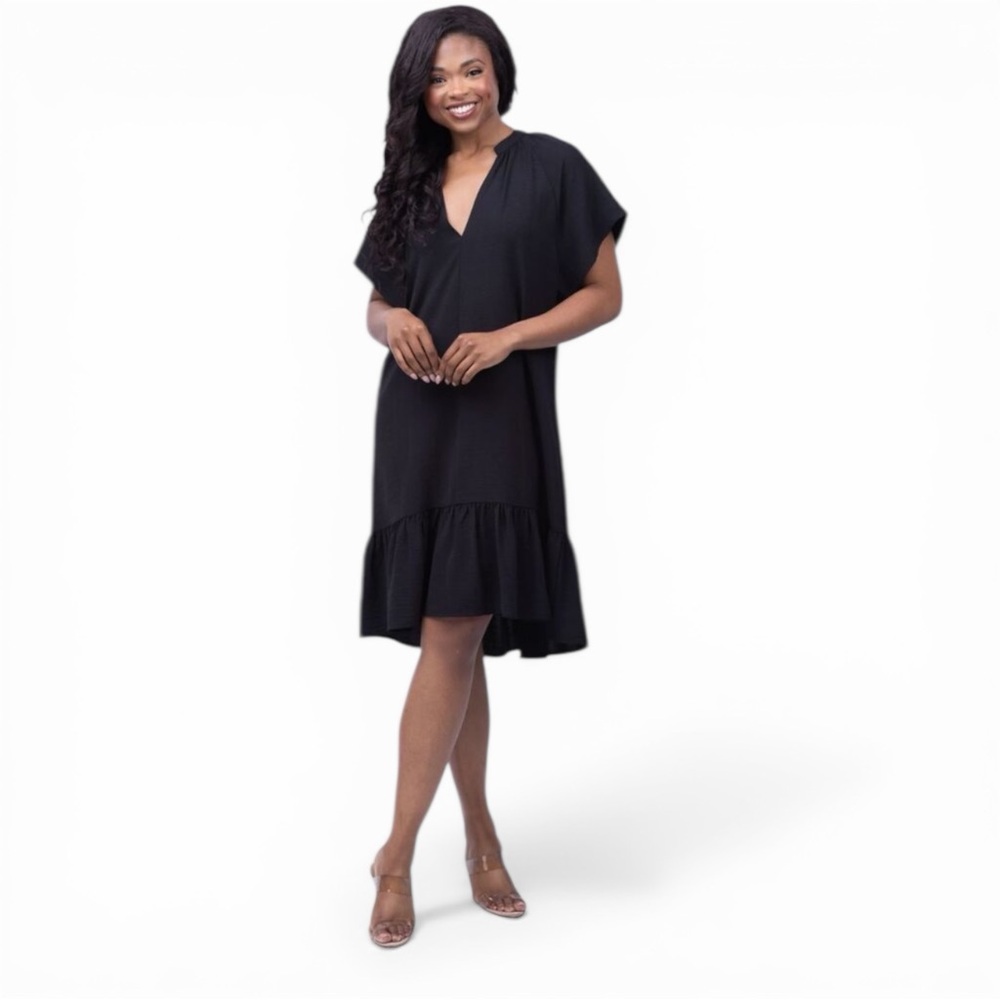 Brochu Walker Seda Flutter Dress Black Ruffle Hem V-Neck Size M